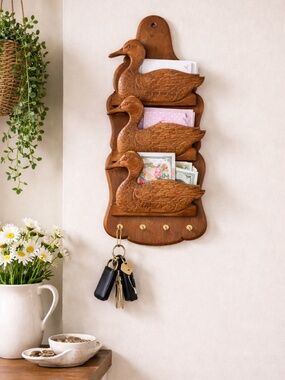 🦆 Hand-Carved Wooden Duck Mail Holder w/ Hooks – Cottagecore Wall Organizer
